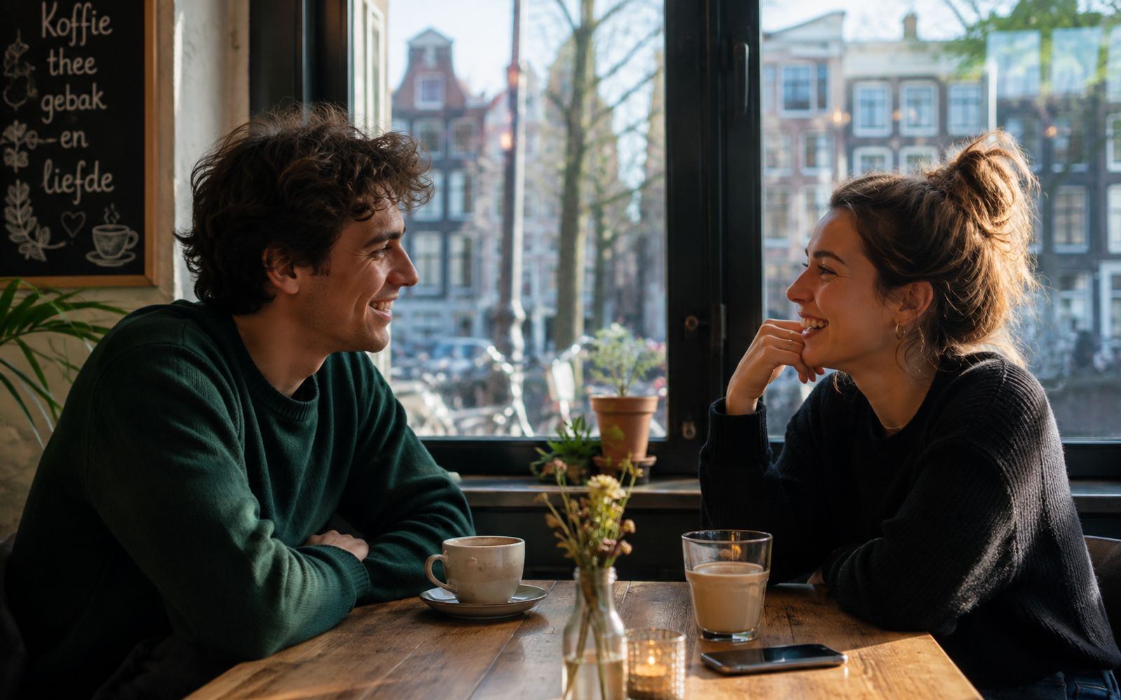 Two people talking over coffee in a Dutch café